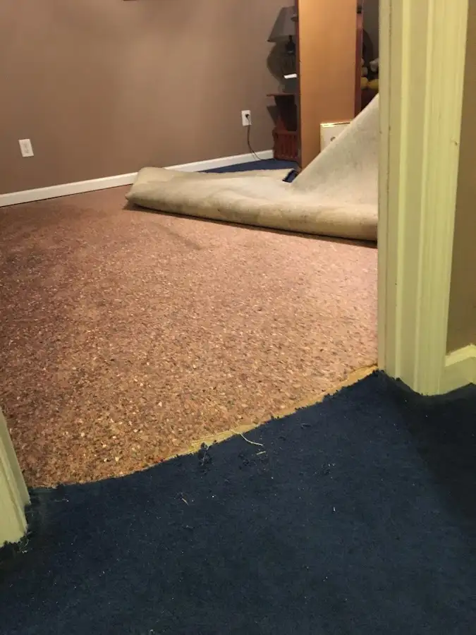 Carpet pad removal revealing water damage during Drying & Dehumidification in Half Moon